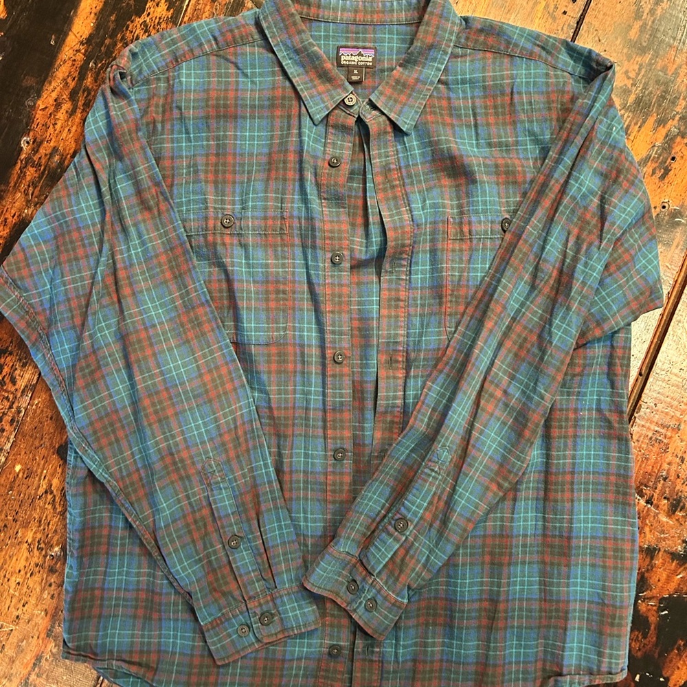Patagonia Teal and Brown Plaid Button-Down Shirt